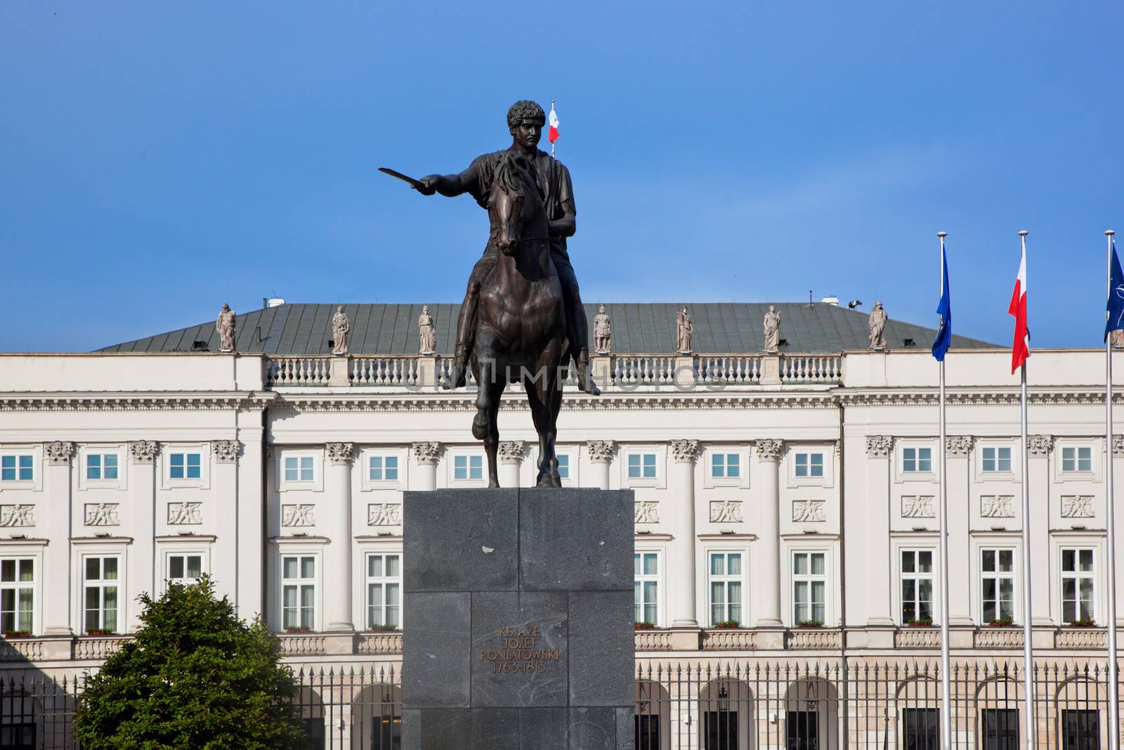 The Presidential Palace in Warsaw, Poland and the statue of Jozef Poniatowski
