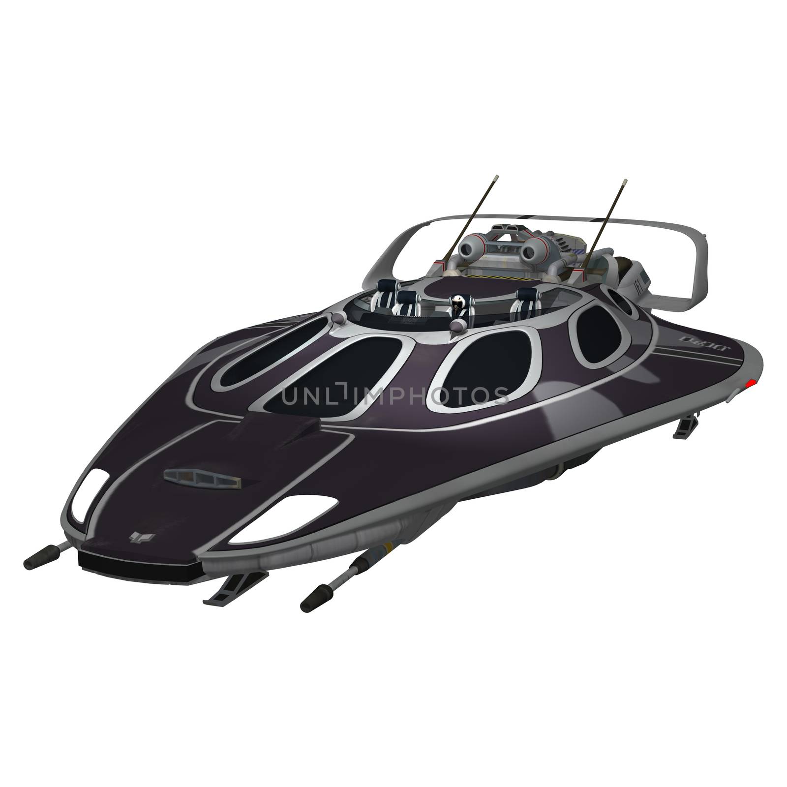 3D digital render of a dark spaceship isolated on white background