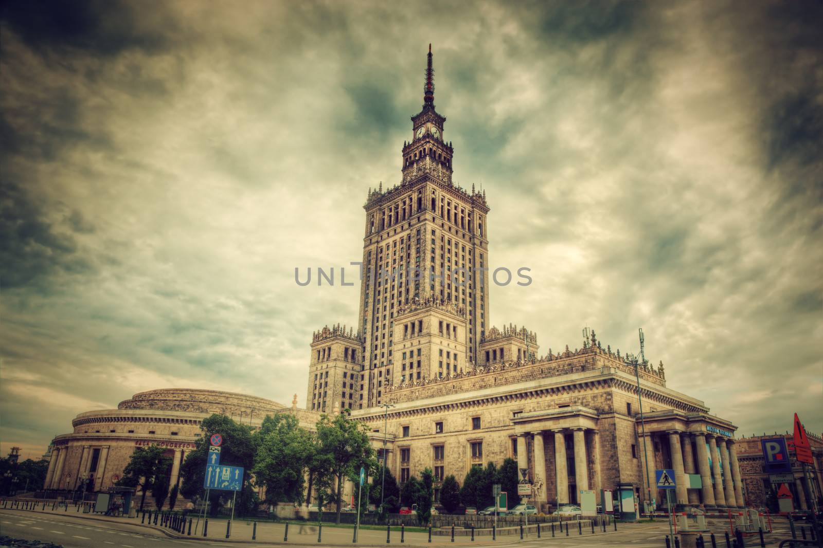 The Palace of Culture and Science, one of the symbols of Warsaw, Poland. Retro, vintage style. Palac Kultury i Nauki