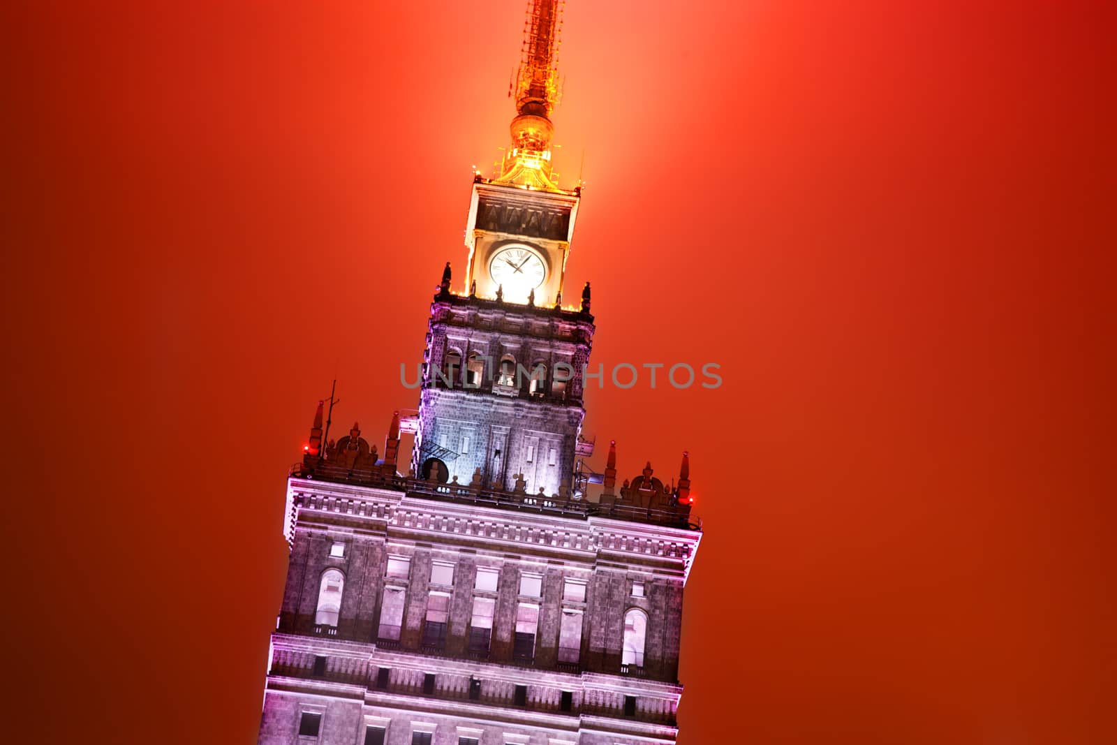 The Palace of Culture and Science, Warsaw, Poland at night close up on the tower - Palac Kultury i Nauki