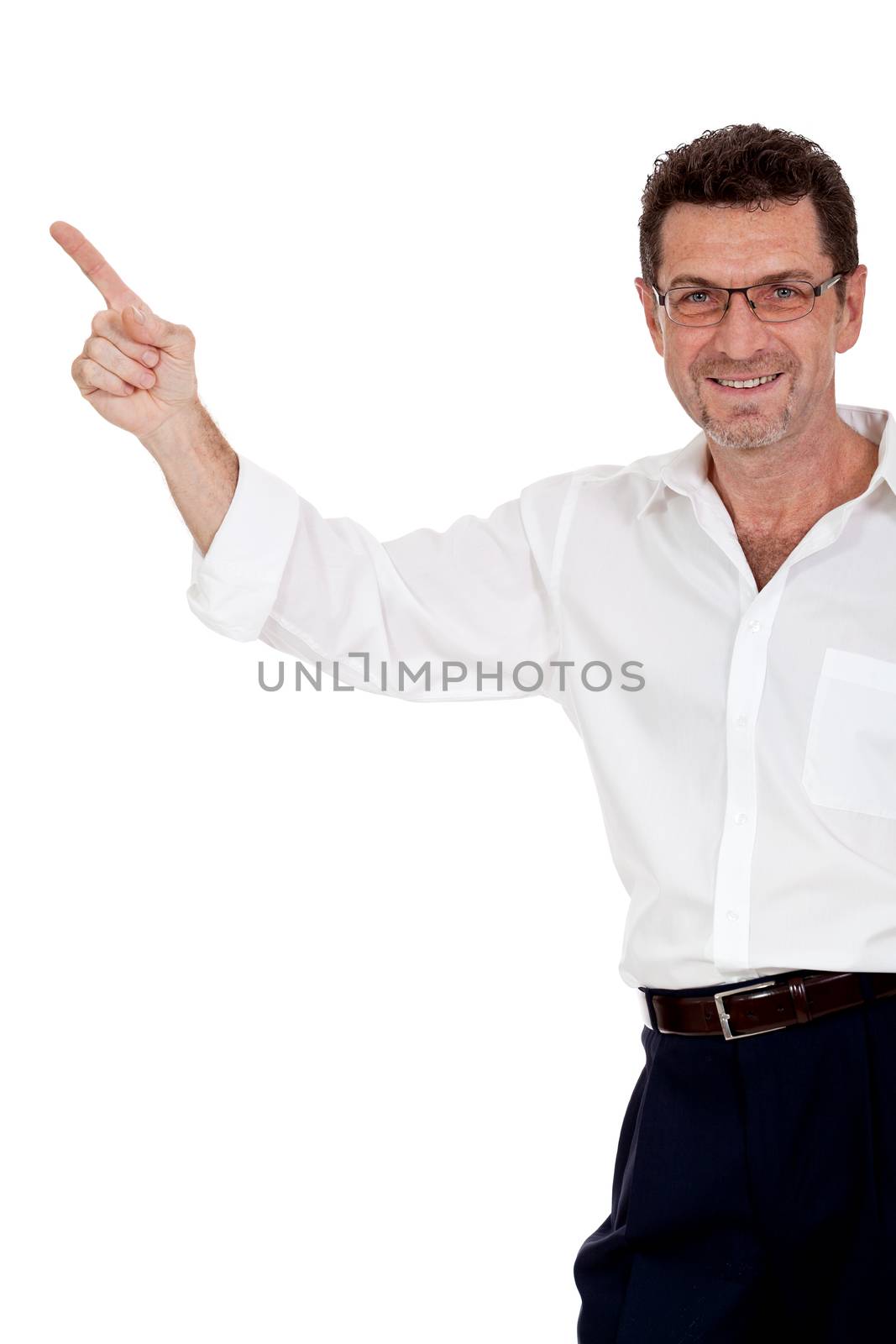 adult attractive smiling man pointing his finger on the copyspace isolated on white