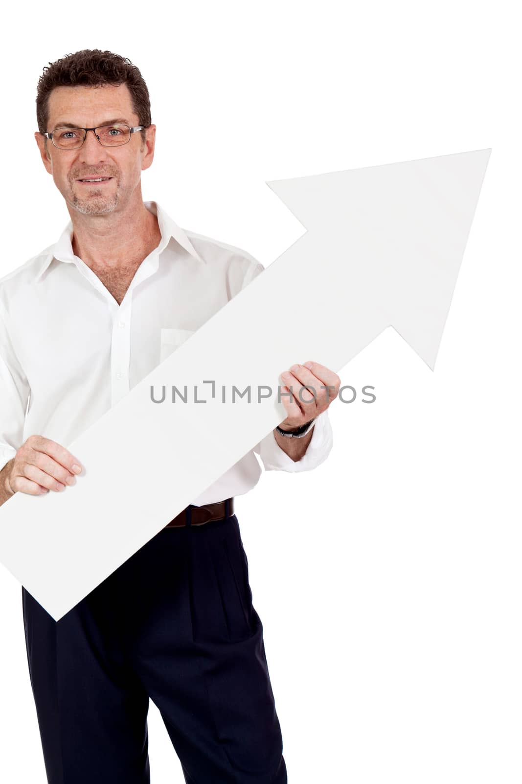 adult smiling businessman red signboard pointing isolated on white