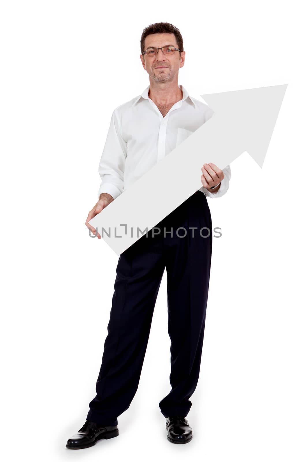 adult smiling businessman red signboard pointing isolated on white