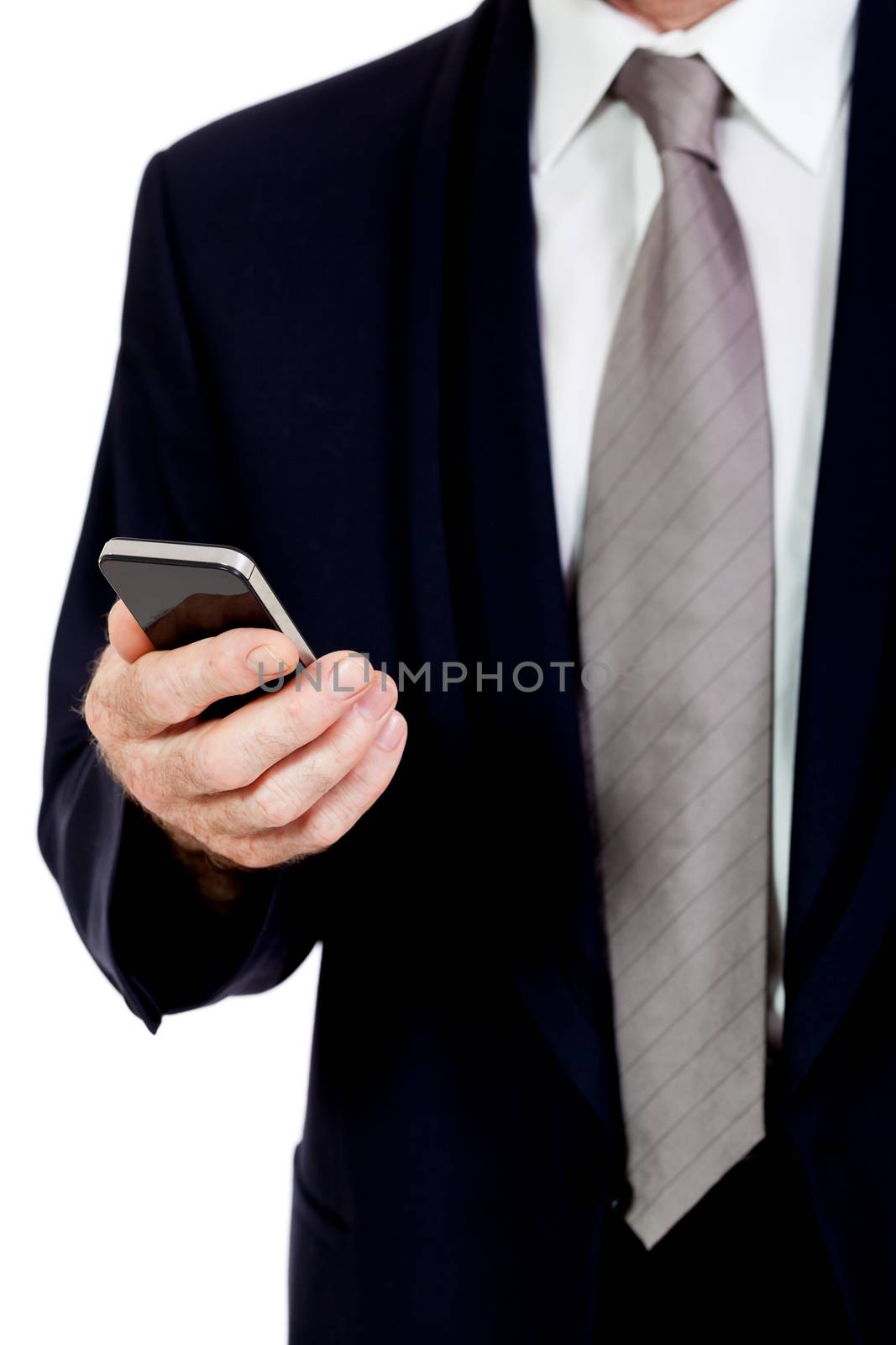 adult businessman with smartphone mobilephone isolated on white