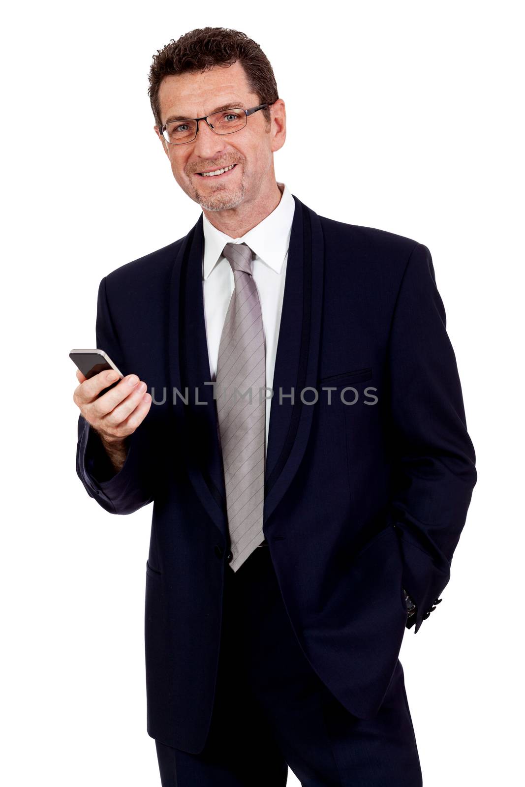 adult businessman with smartphone mobilephone isolated on white