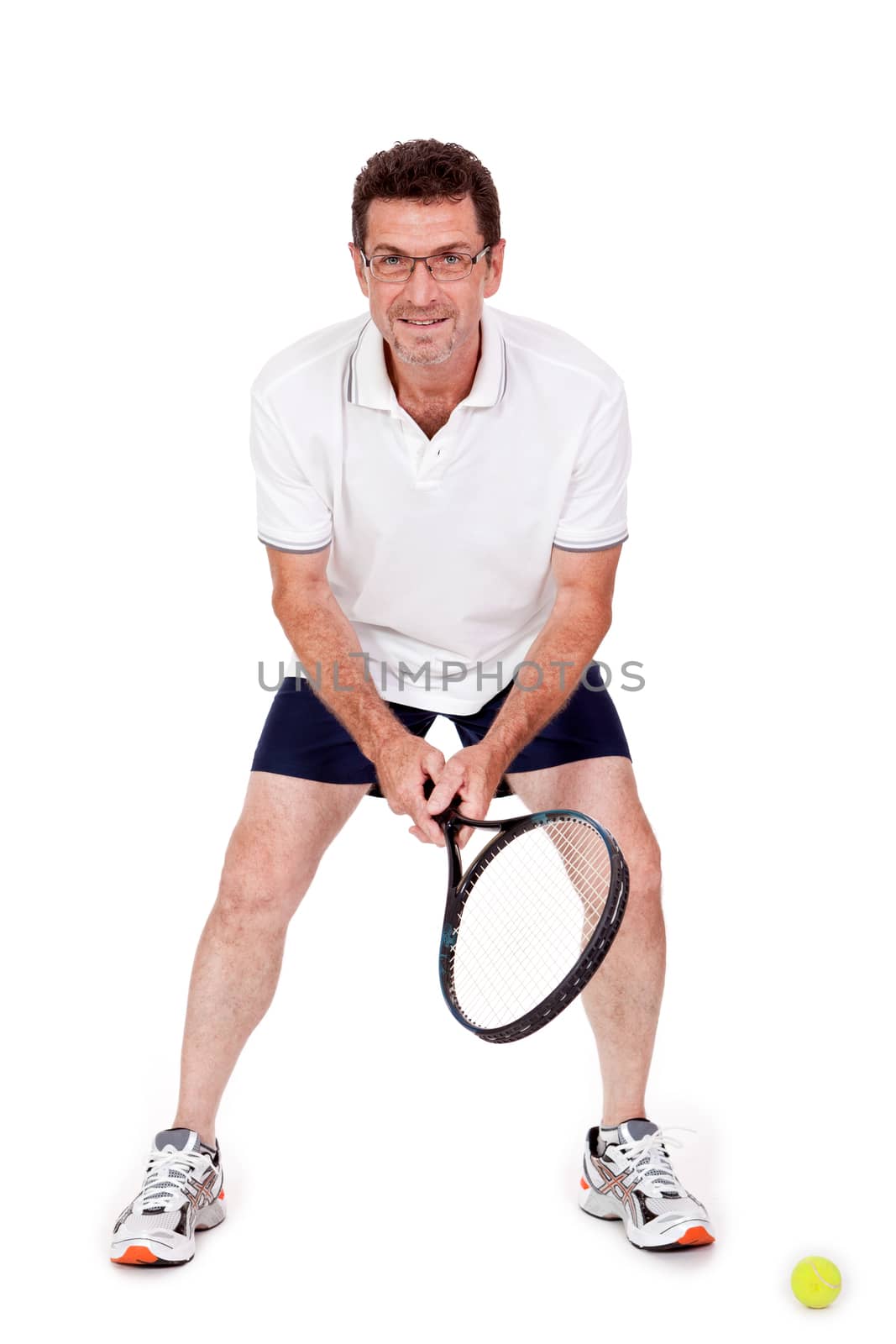 smiling adult tennis player with racket in sportswear  isolated on white