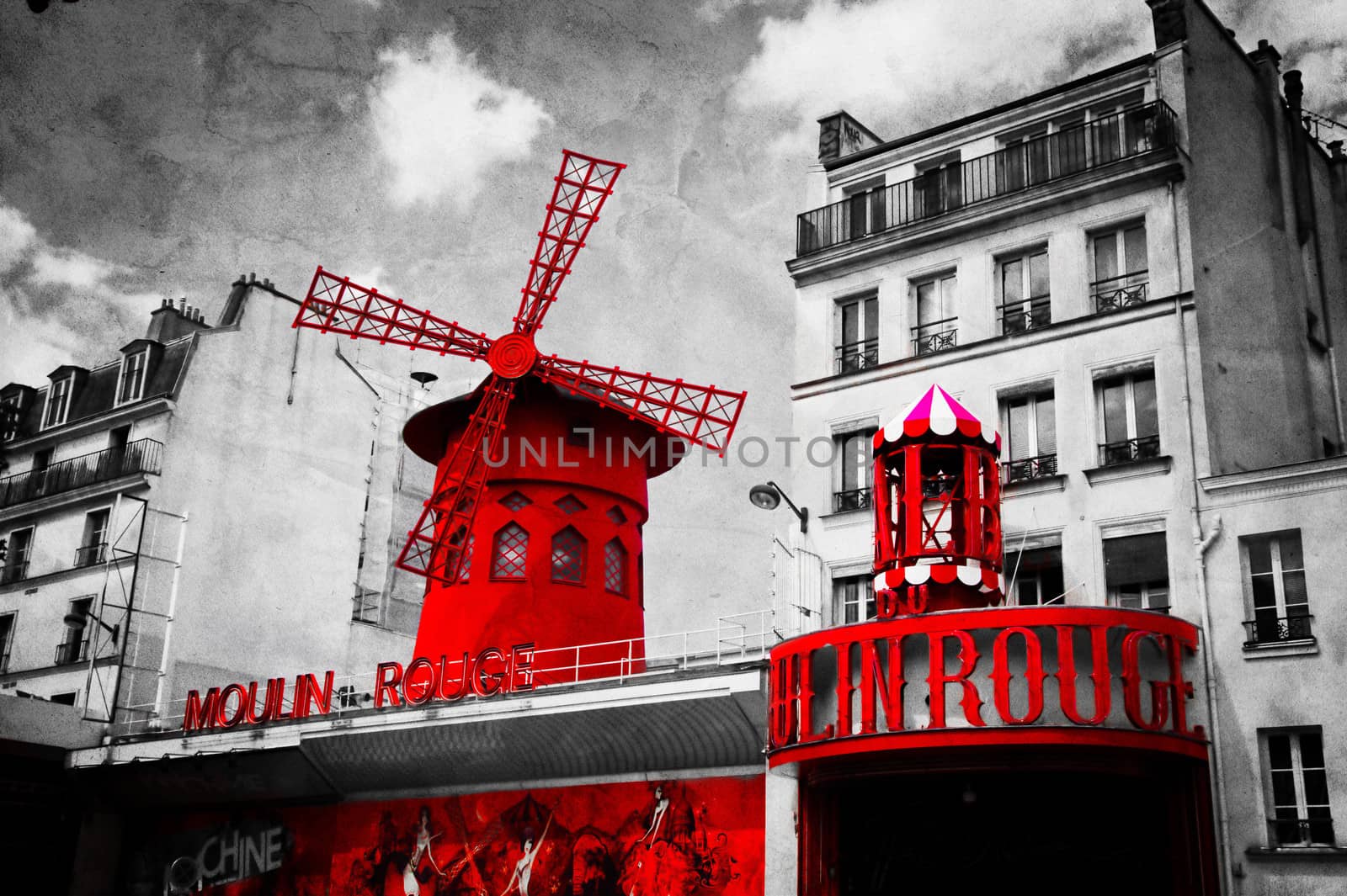 PARIS, FRANCE - June 9: The Moulin Rouge vintage retro depiction in black and white with red elements, on June 9, 2013 in Paris, France. Moulin Rouge is the most famous Parisian cabaret