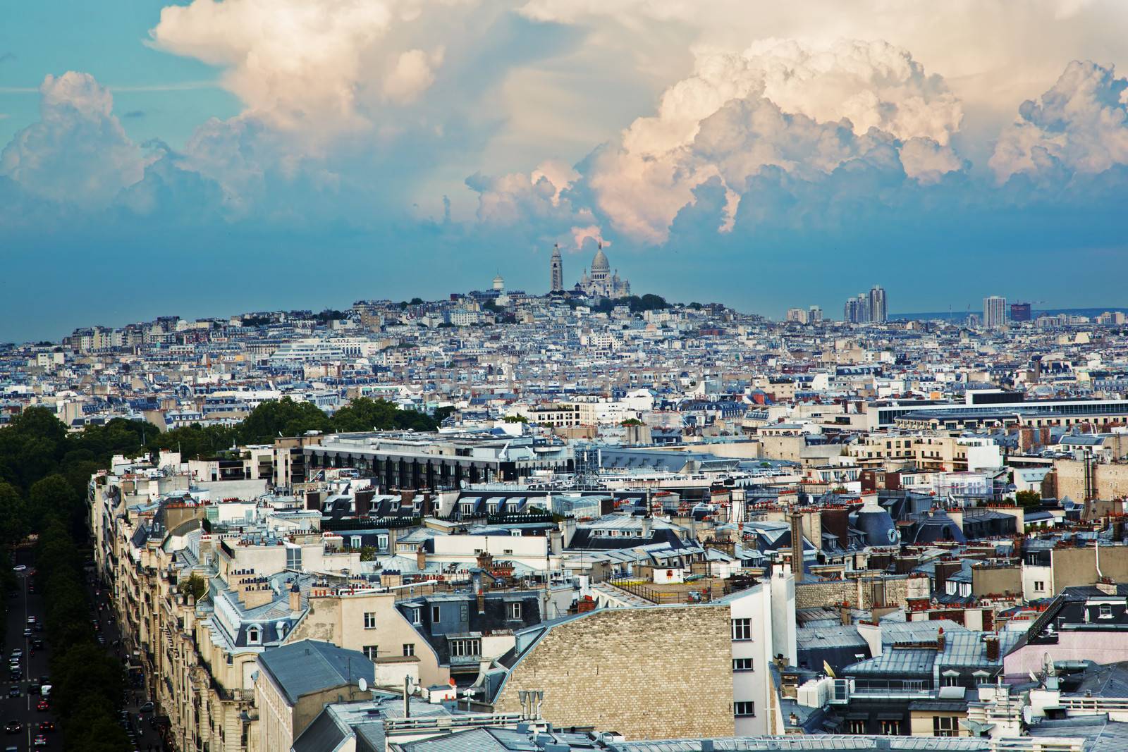 Wide angle view on Montmarte and Sacre-Coeur Basilica, Paris, France