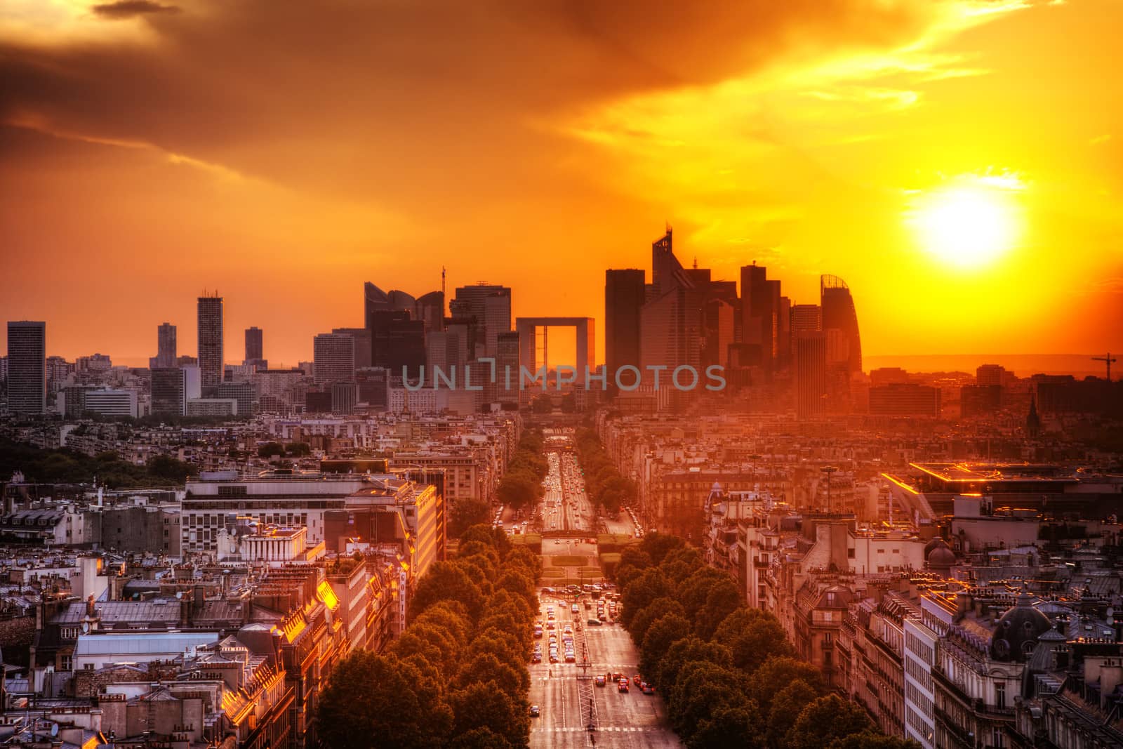 View on La Defense and Champs-Elysees at sunset in Paris, France.