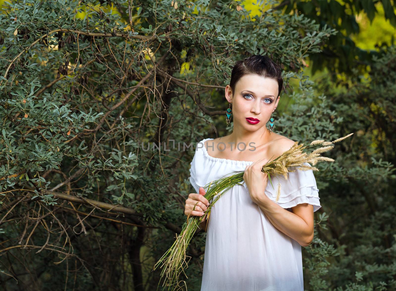 Portrait of a Girl in a White Dress with Ears of Corn by Vagengeym