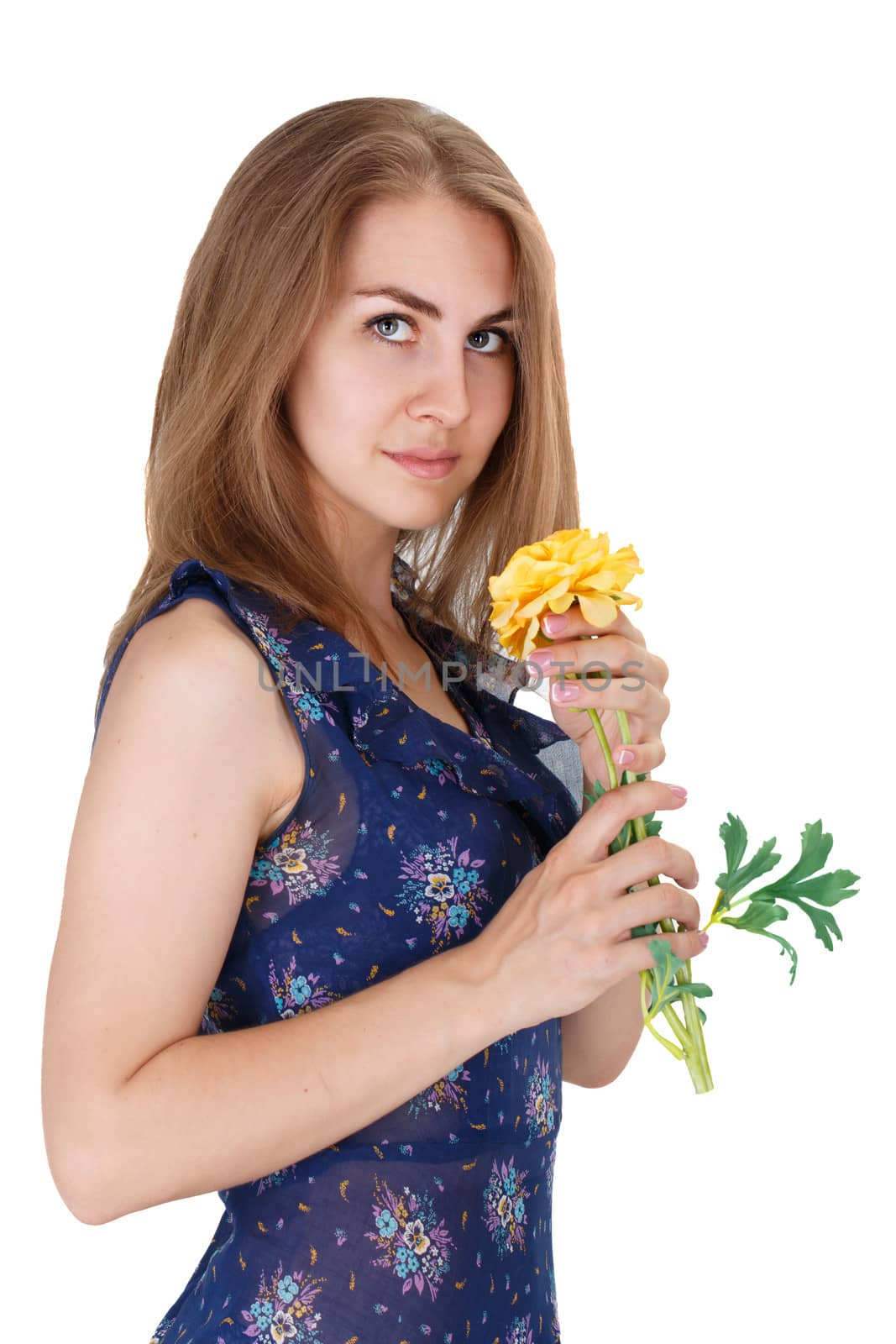 Girl with a Yellow Flower on White Background