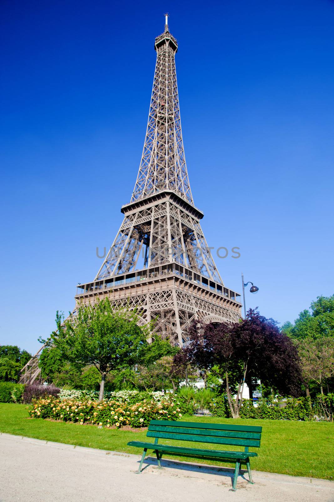 Eiffel Tower surrounded by the park with a bench, trees and flowers, Paris, France