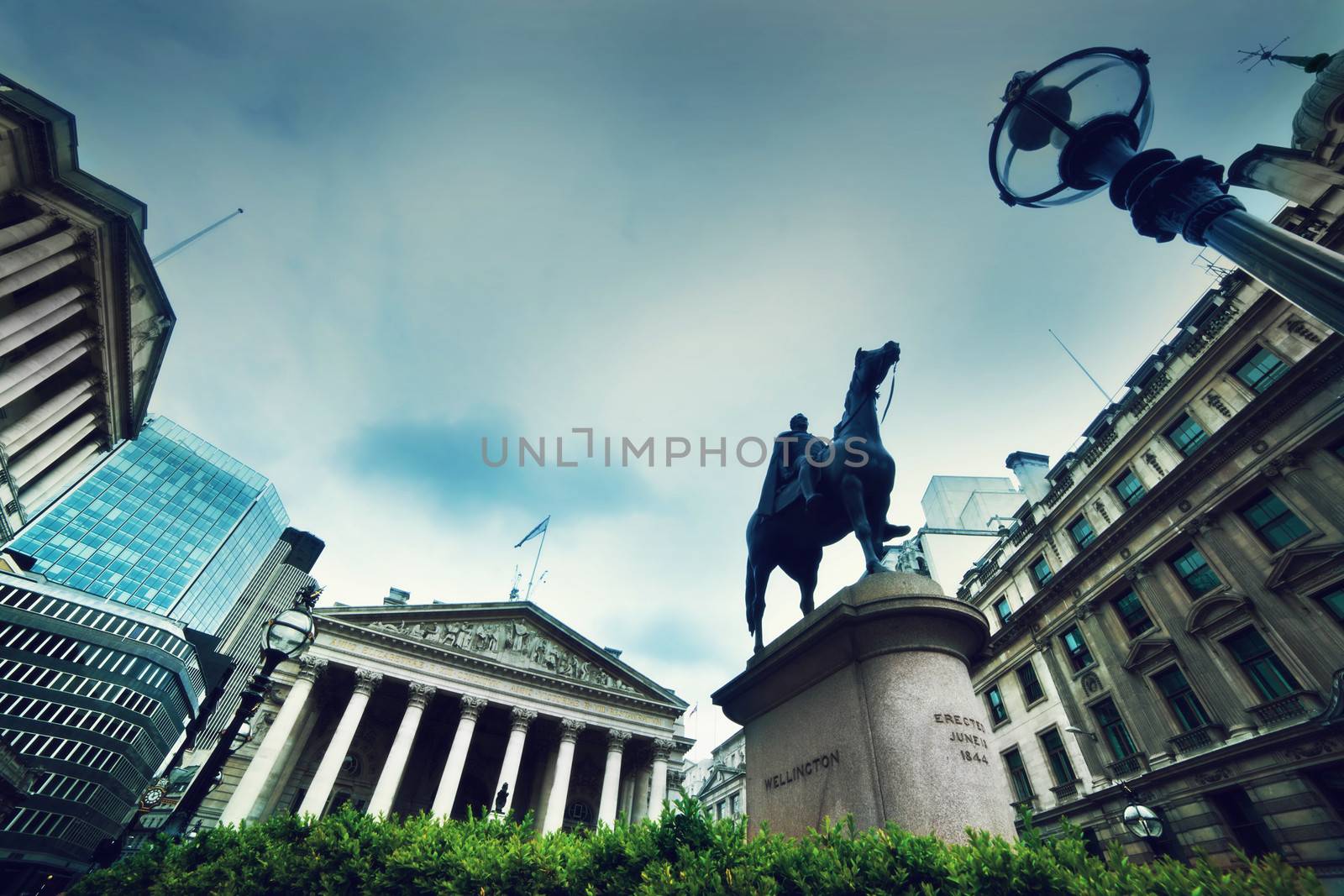 Bank of England, the Royal Exchange and the Wellington statue in London, the UK