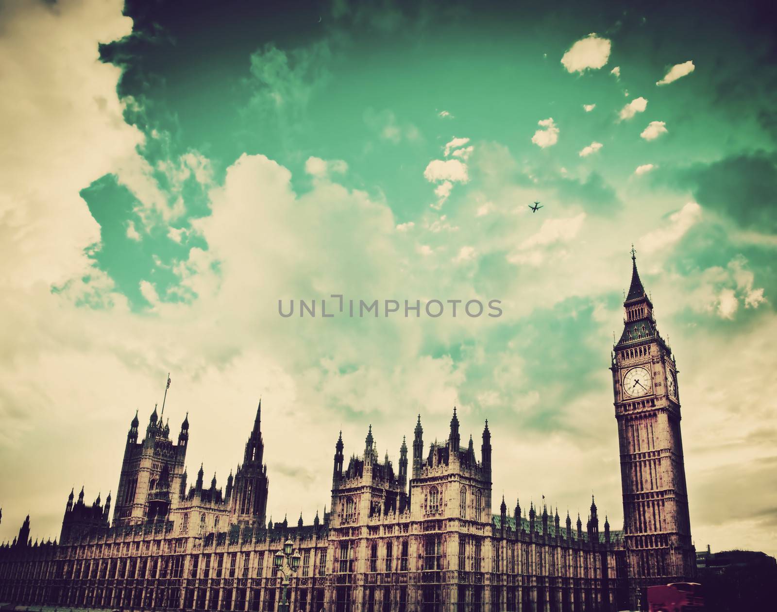 London, the UK. Big Ben, the Palace of Westminster. The icon of England in vintage, retro style