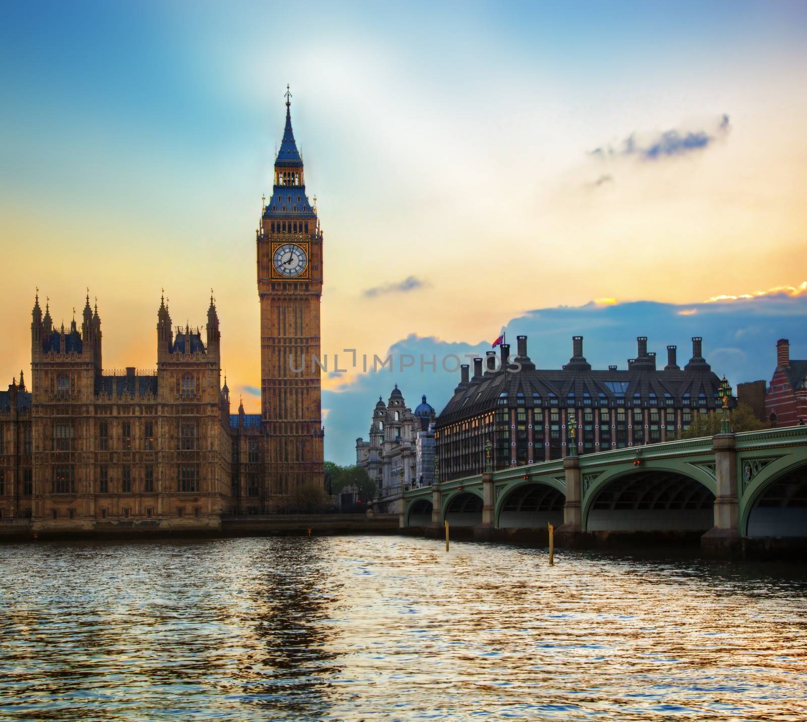 London, the UK. Big Ben, the Palace of Westminster at sunset. The icon of England