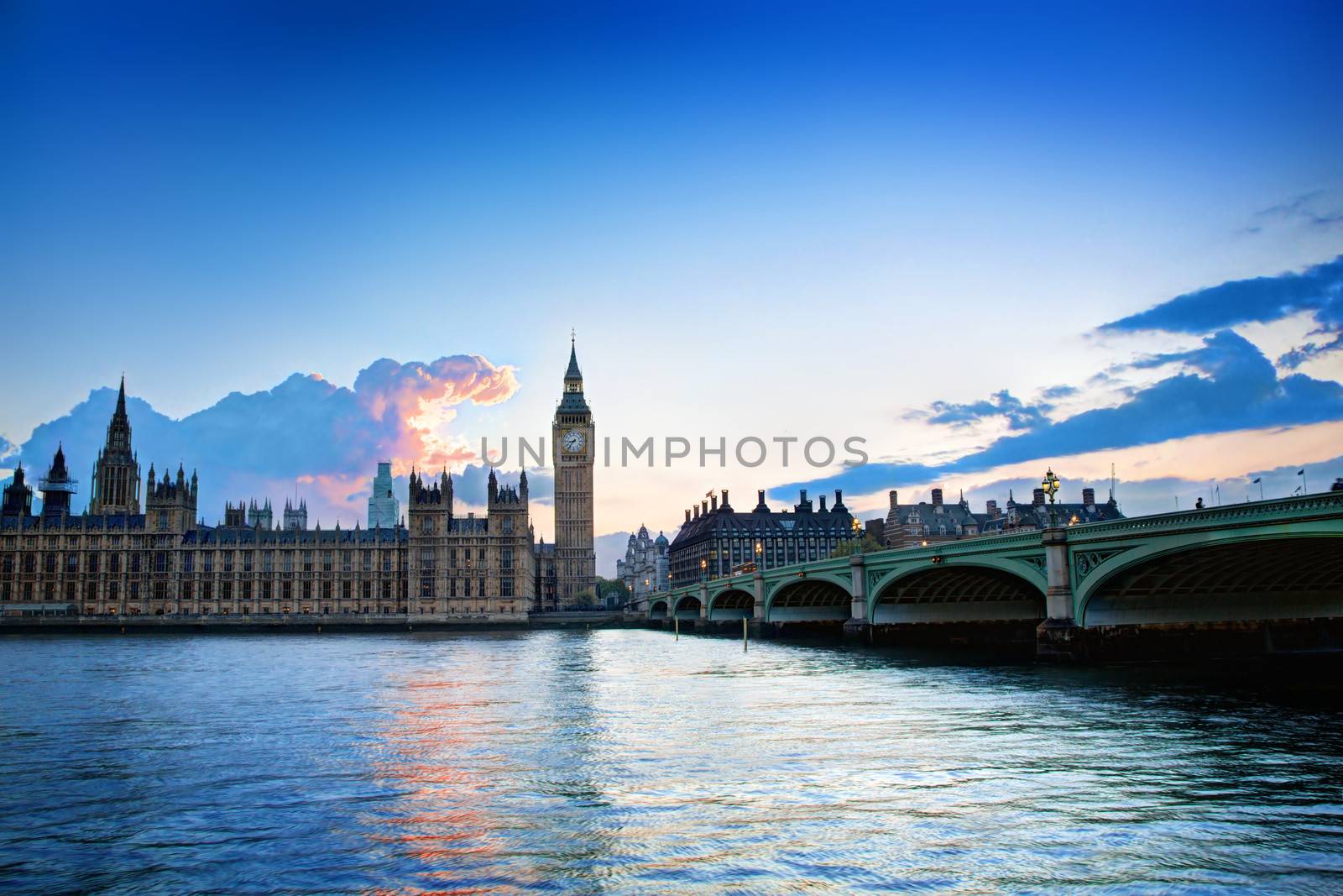 London, the UK. Big Ben, the Palace of Westminster at sunset. The icon of England