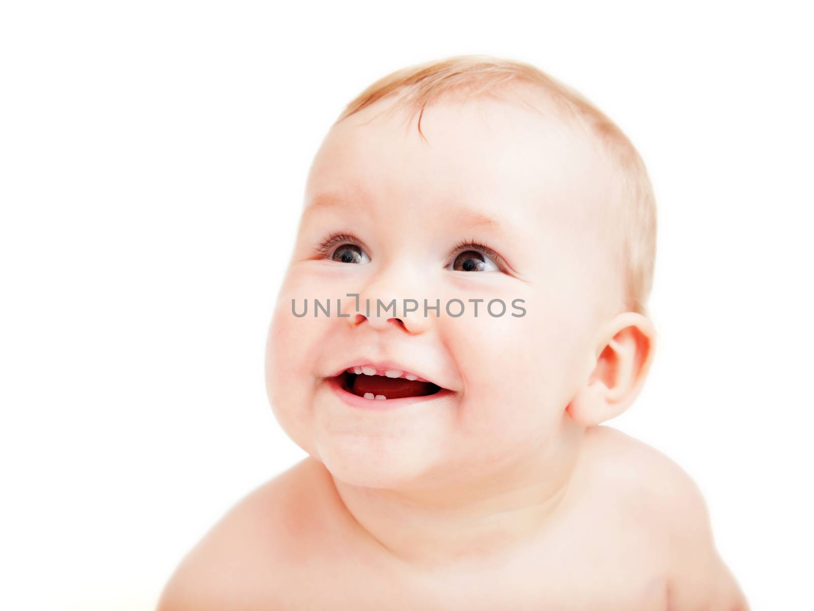 Cute happy baby smiling on white by photocreo