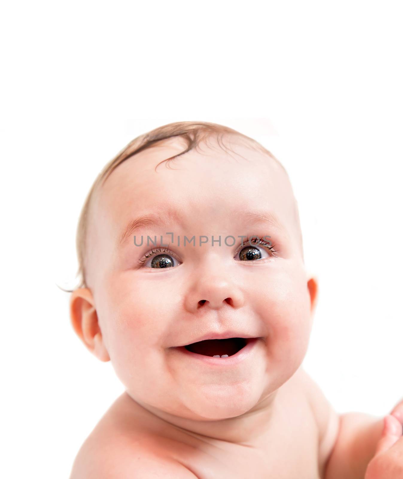 Cute happy baby laughing on white by photocreo
