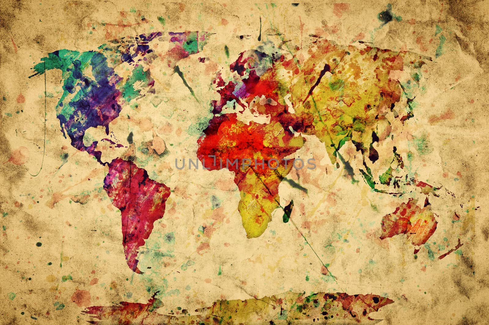 Vintage world map. Colorful paint, watercolor, retro style expression on grunge, old paper.