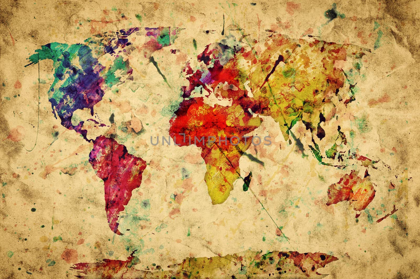 Vintage world map. Colorful paint, watercolor, retro style expression on grunge, old paper.