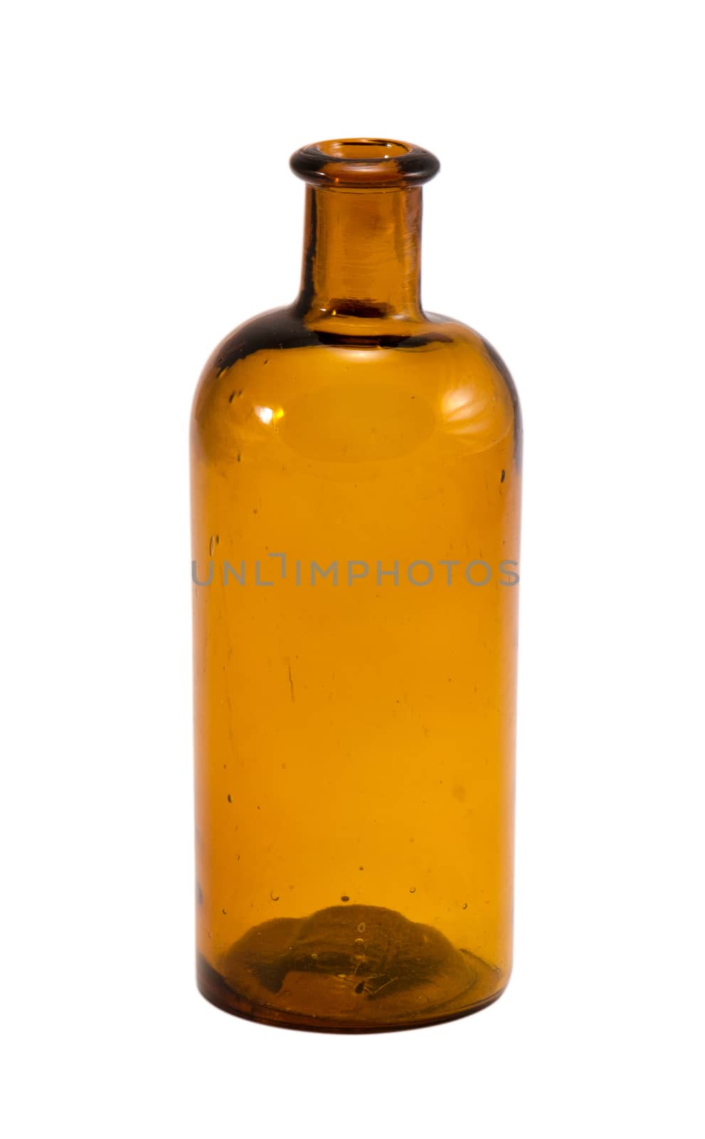 old yellow glass empty decorative bottle isolated on white background.
