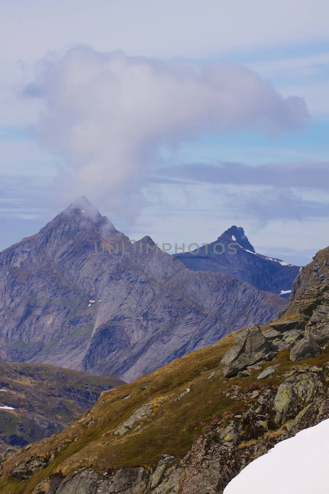 Typical norwegian landscape with sharp rocky mountain peaks on Lofoten islands