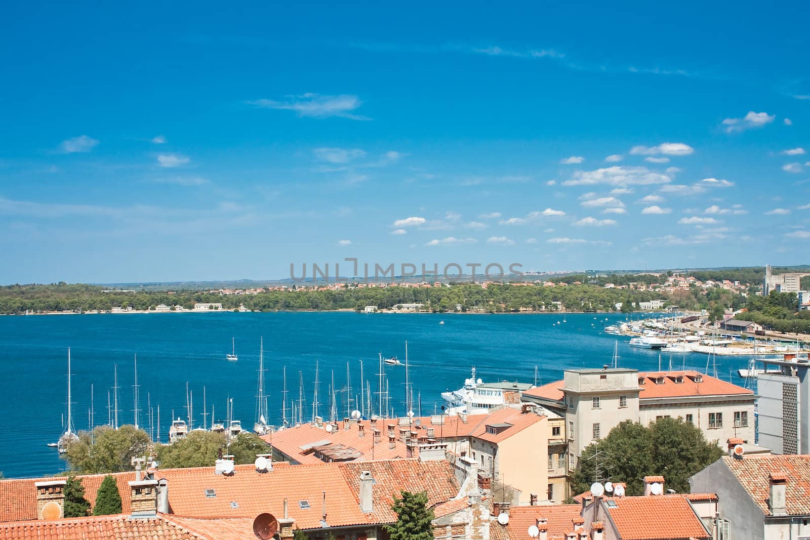 View of the city and the bay from the hill Kastel. Pula. Croatia