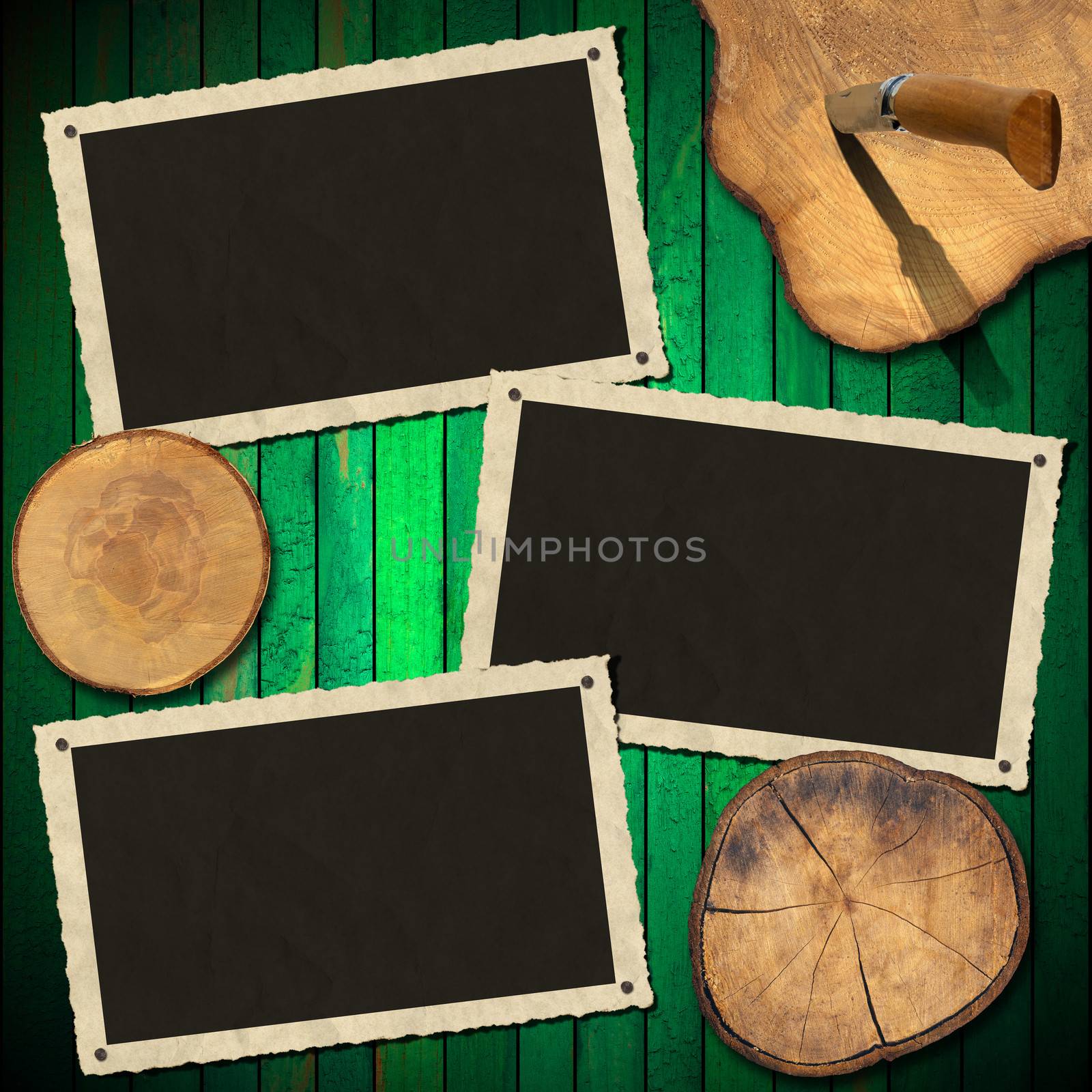 Three aged photo frames on wooden green background with sections of the trunk and folding knife
