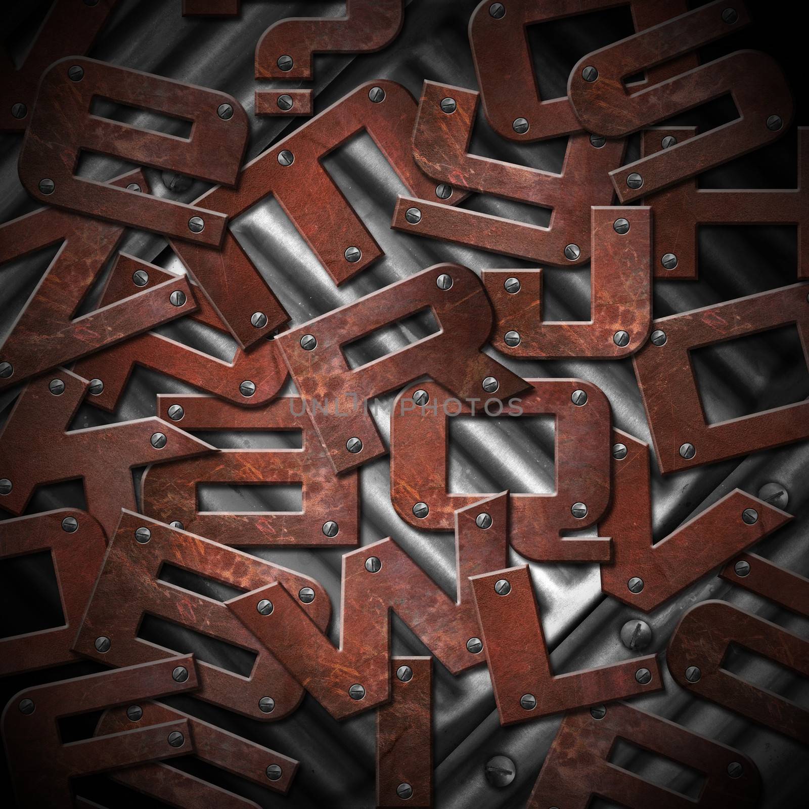 Brown grunge and rusty metal letters with screws on metal background