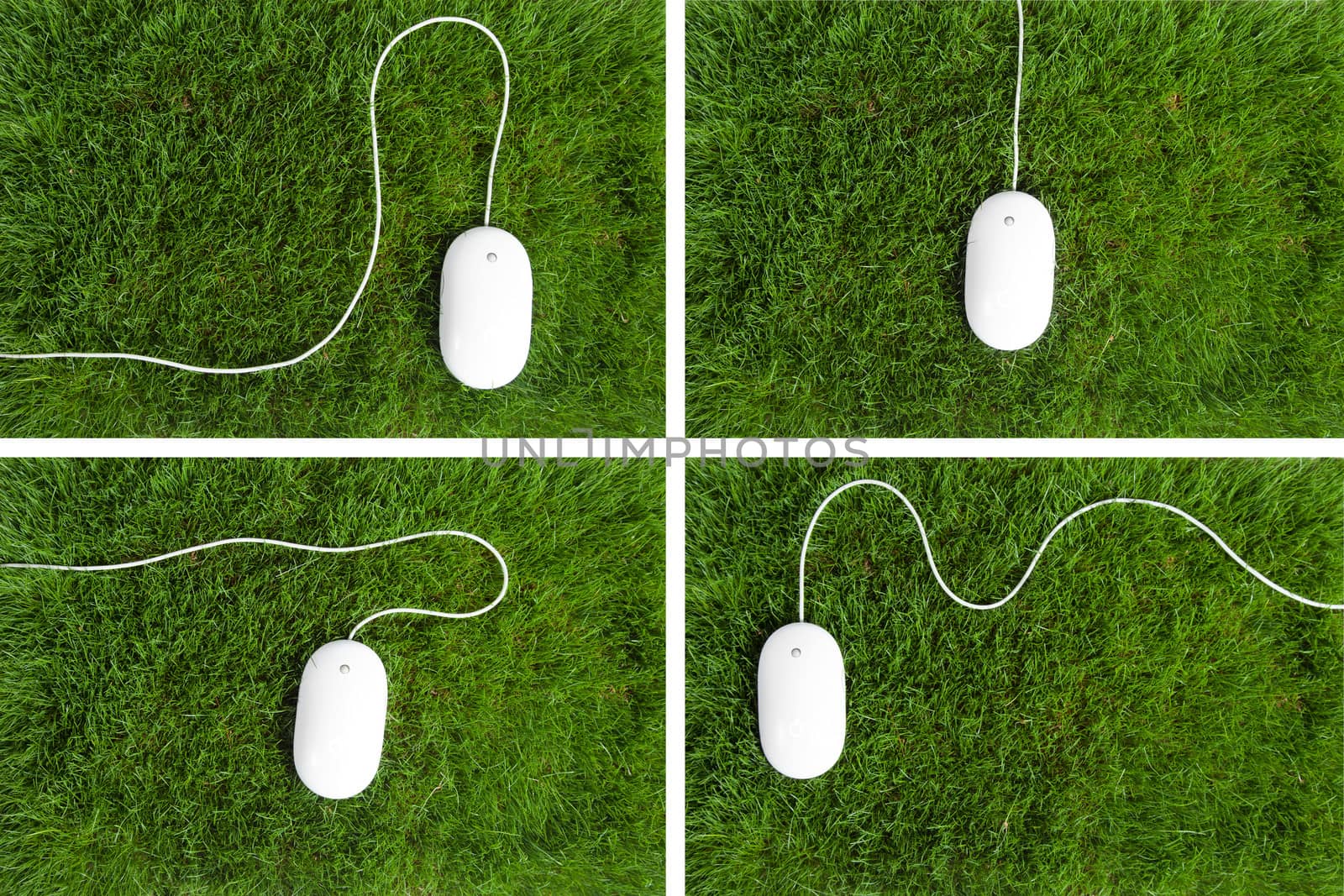 A collage of four computer mouses with a decorative white cord against a white background.