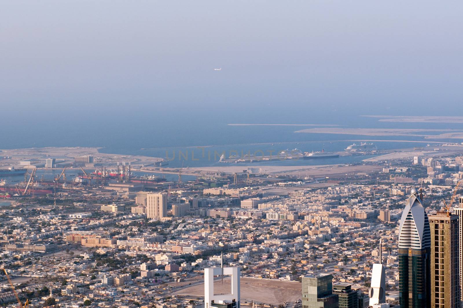 View on Port Rashid and Persian Gulf from the lookout Burj Khalifa. United Arab Emirates