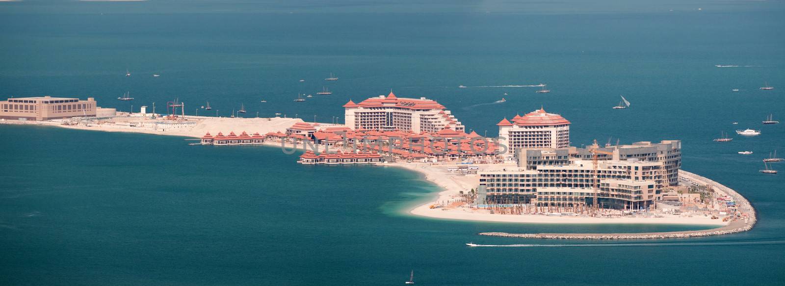 View on luxury hotels on artificial island Palm Jumeirah, Dubai, United Arab Emirates