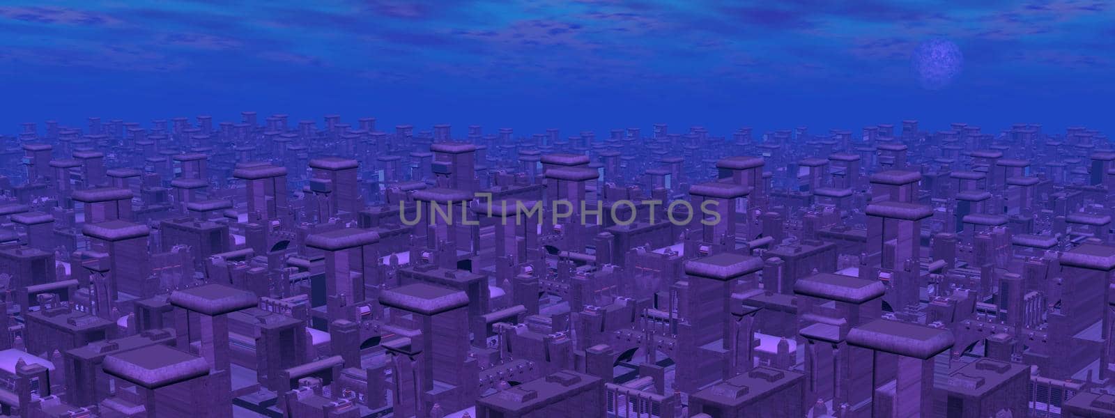 Big futuristic cityscape by night with full moon