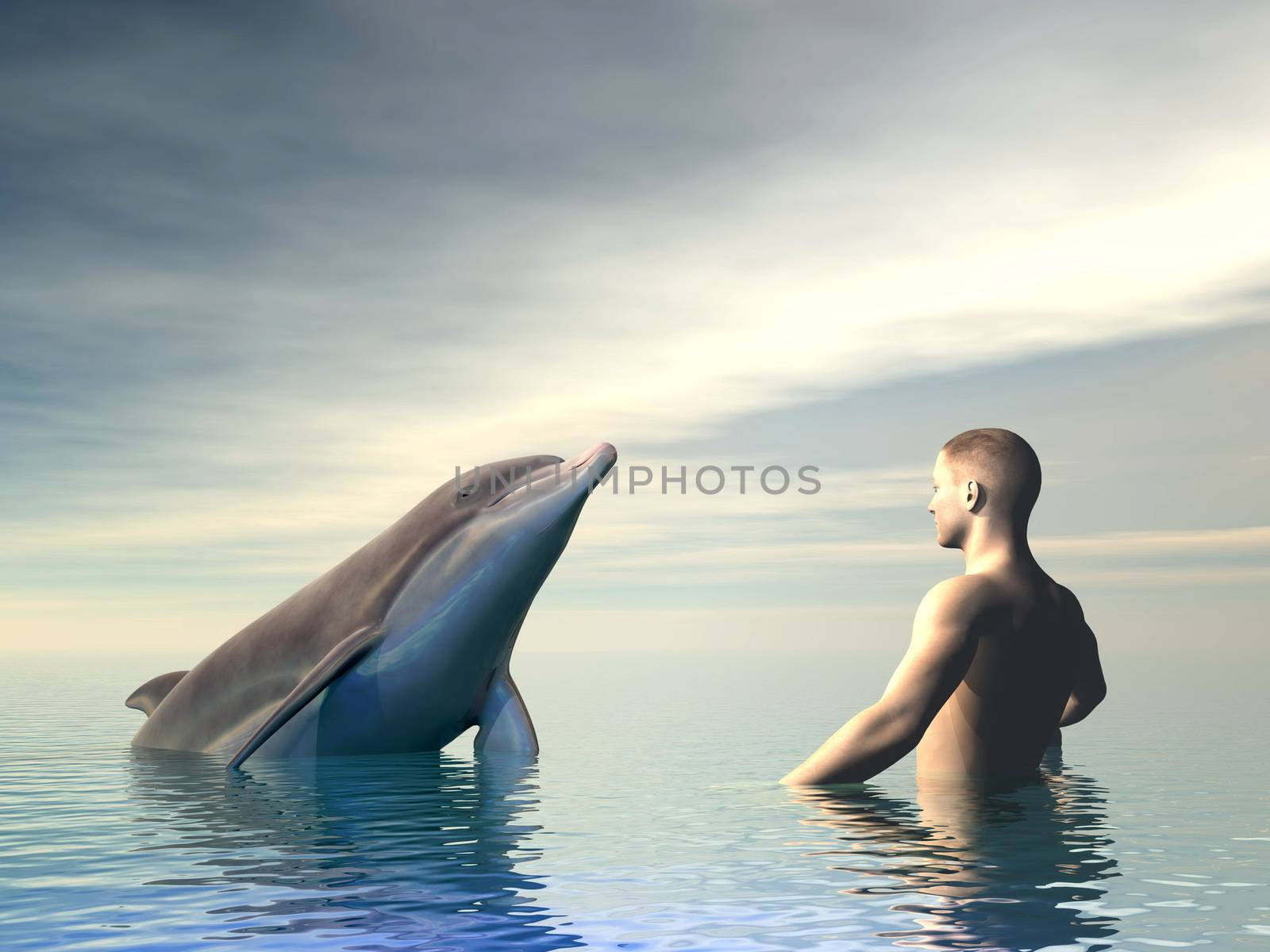 Man in front of a dolphin into the ocean by cloudy weather