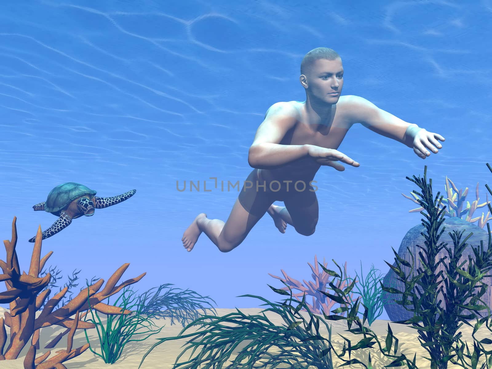 Man swimming underwater with sea turtle behind in the ocean