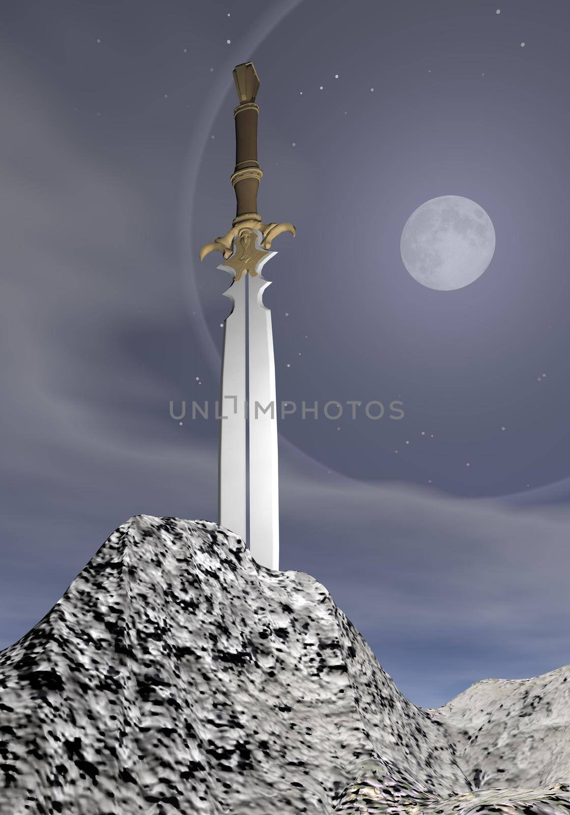 Magic sword stuck in the rock by grey night with full moon