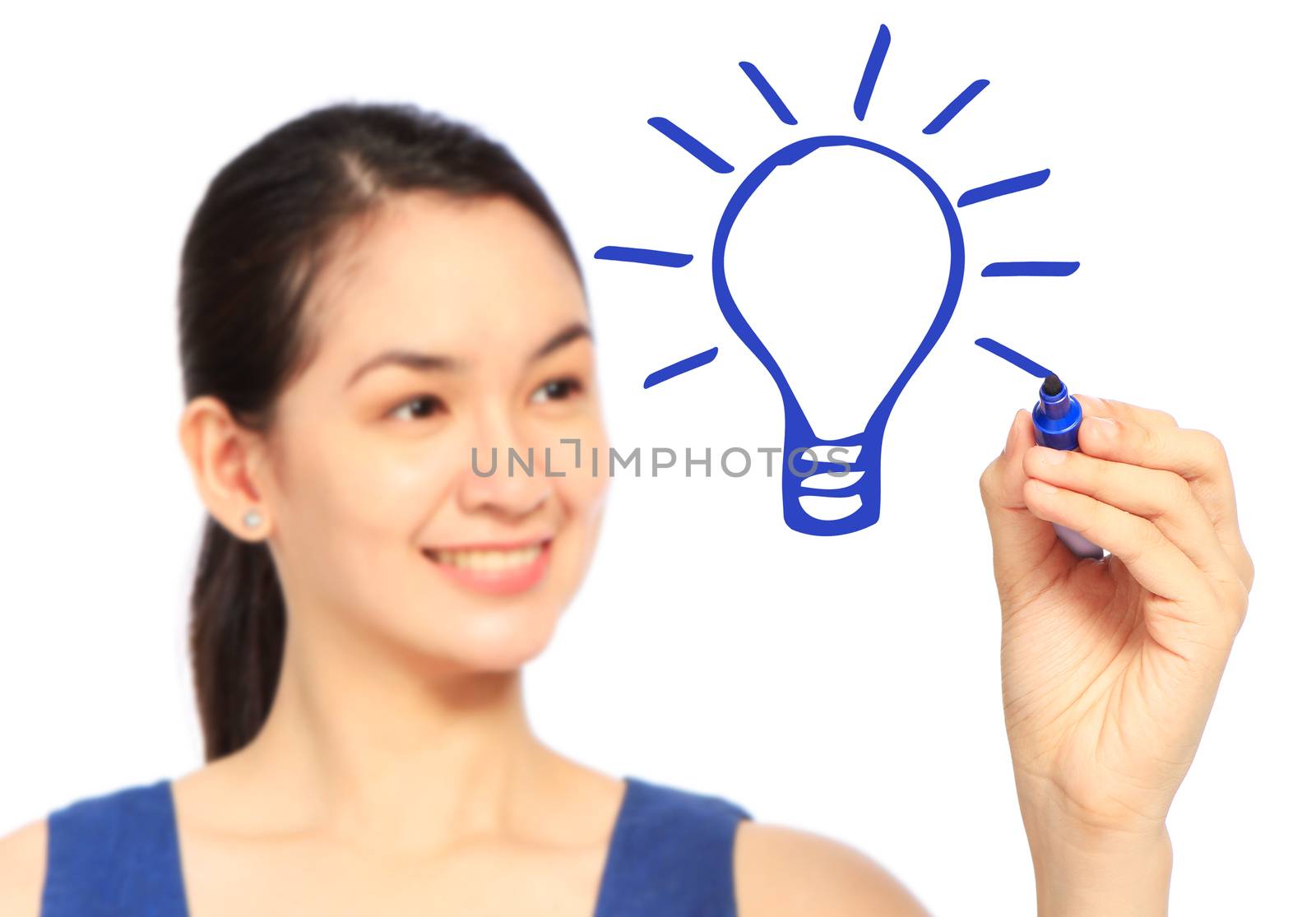 A woman sketching a light bulb on a whiteboard