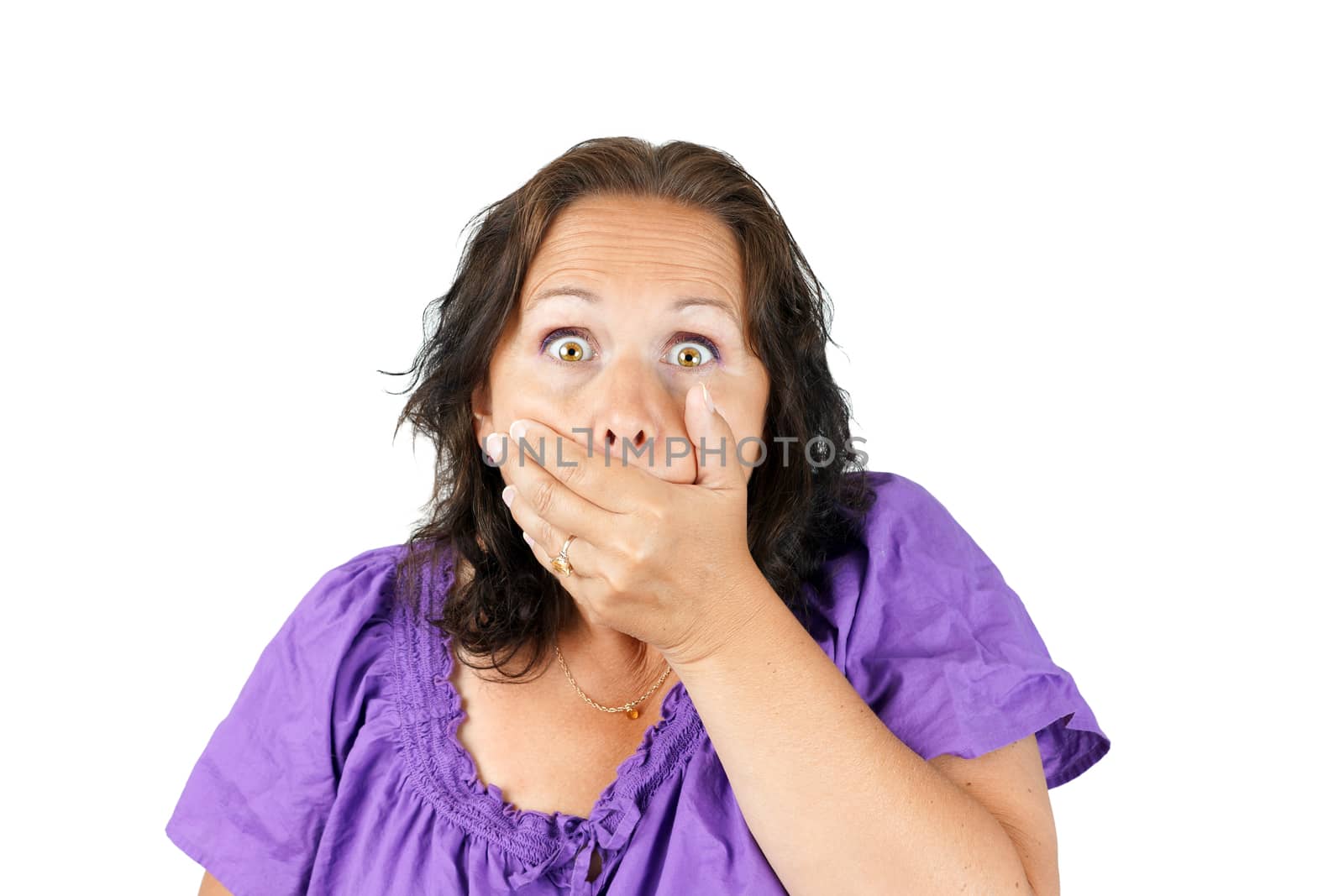 Shocked woman with hand over mouth by Mirage3