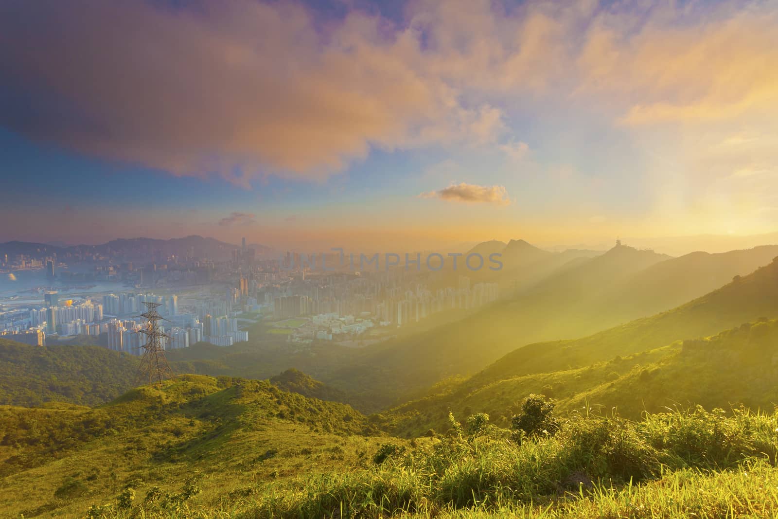 Sunset mountain in Hong Kong downtown