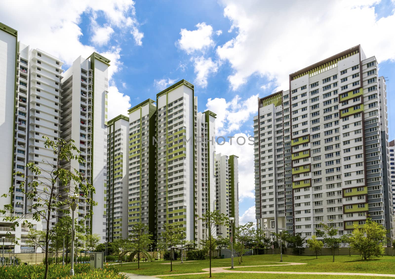 A horizontal shot of a park leading to a green estate in Singapore.