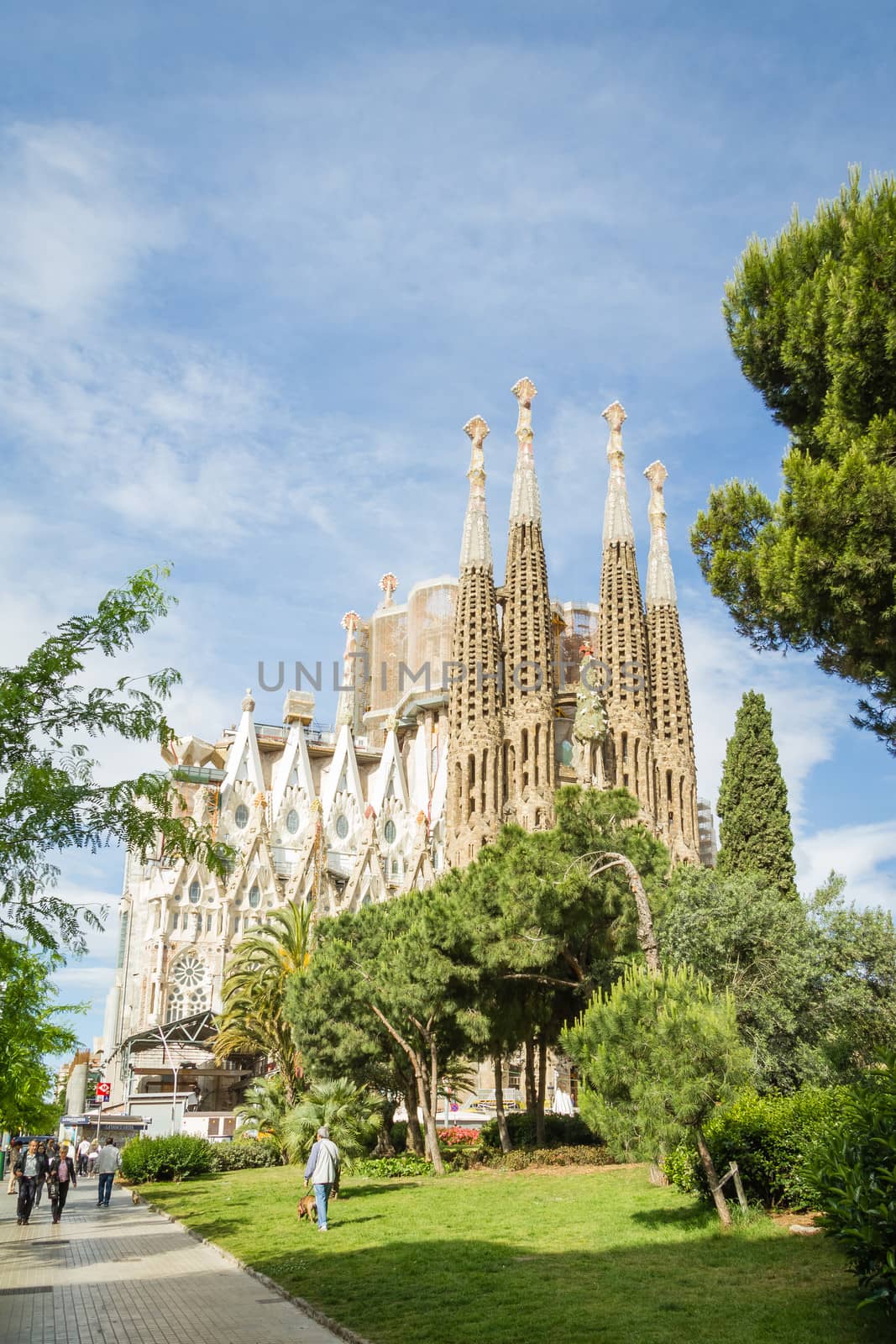 BARCELONA, SPAIN - JUNE 01 View of the Sagrada Familia cathedral, designed by Antoni Gaudi, in Barcelona, Spain, on June 01, 2013. It is a church with a modernist architecture, initiated in 1882, and still under construction