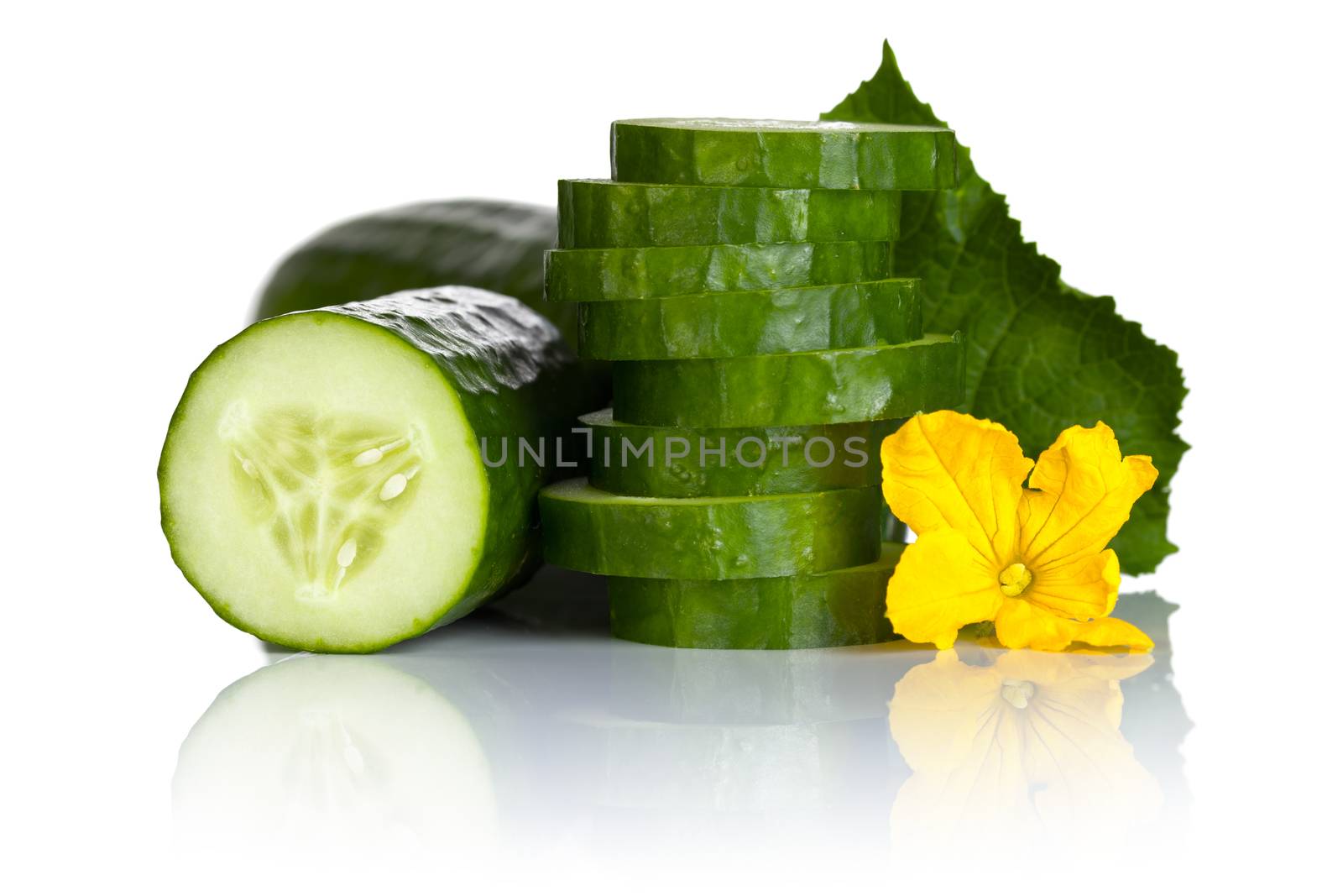 Cucumber with leaf and flower on white background. Macro shot