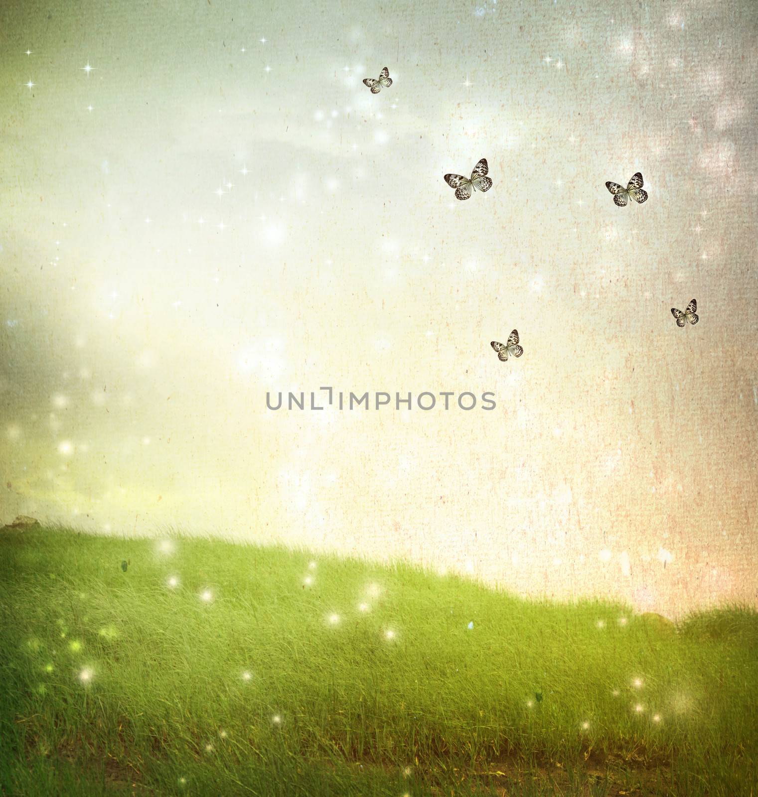 Butterflies in a fantasy landscape - vintage paper style