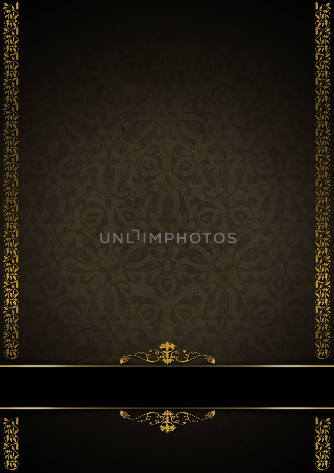 Template of aged brown texture with ornate floral seamless and black and golden plaque

