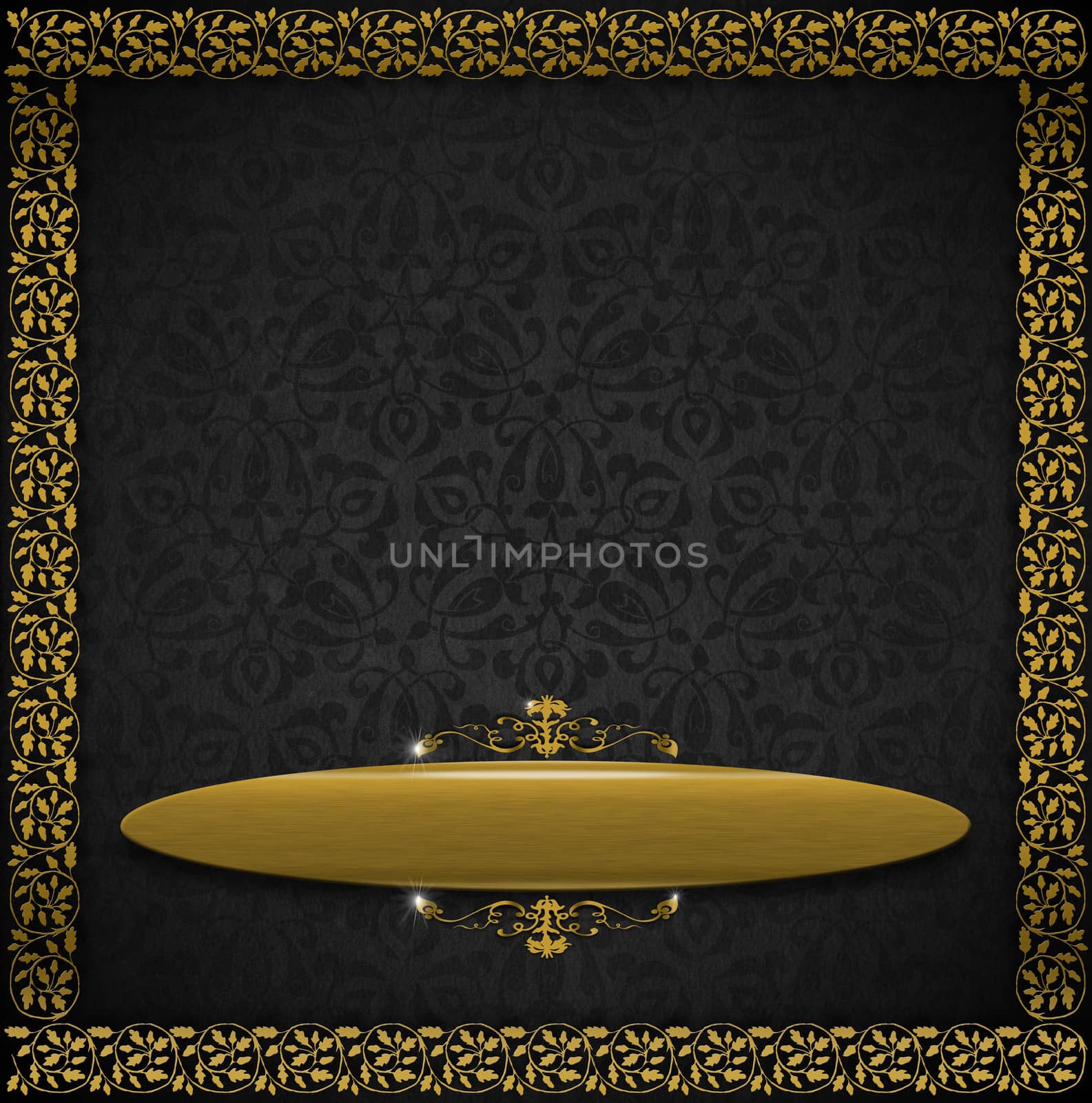 Template of aged gray velvet and texture with ornate floral seamless and golden plaque