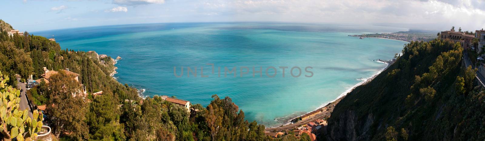 Beautiful coast of Sicily. Panoramic View from Taormina, famous tourist resort, the most luxury town on Sicilian coastline, Sicily, Italy by lexan