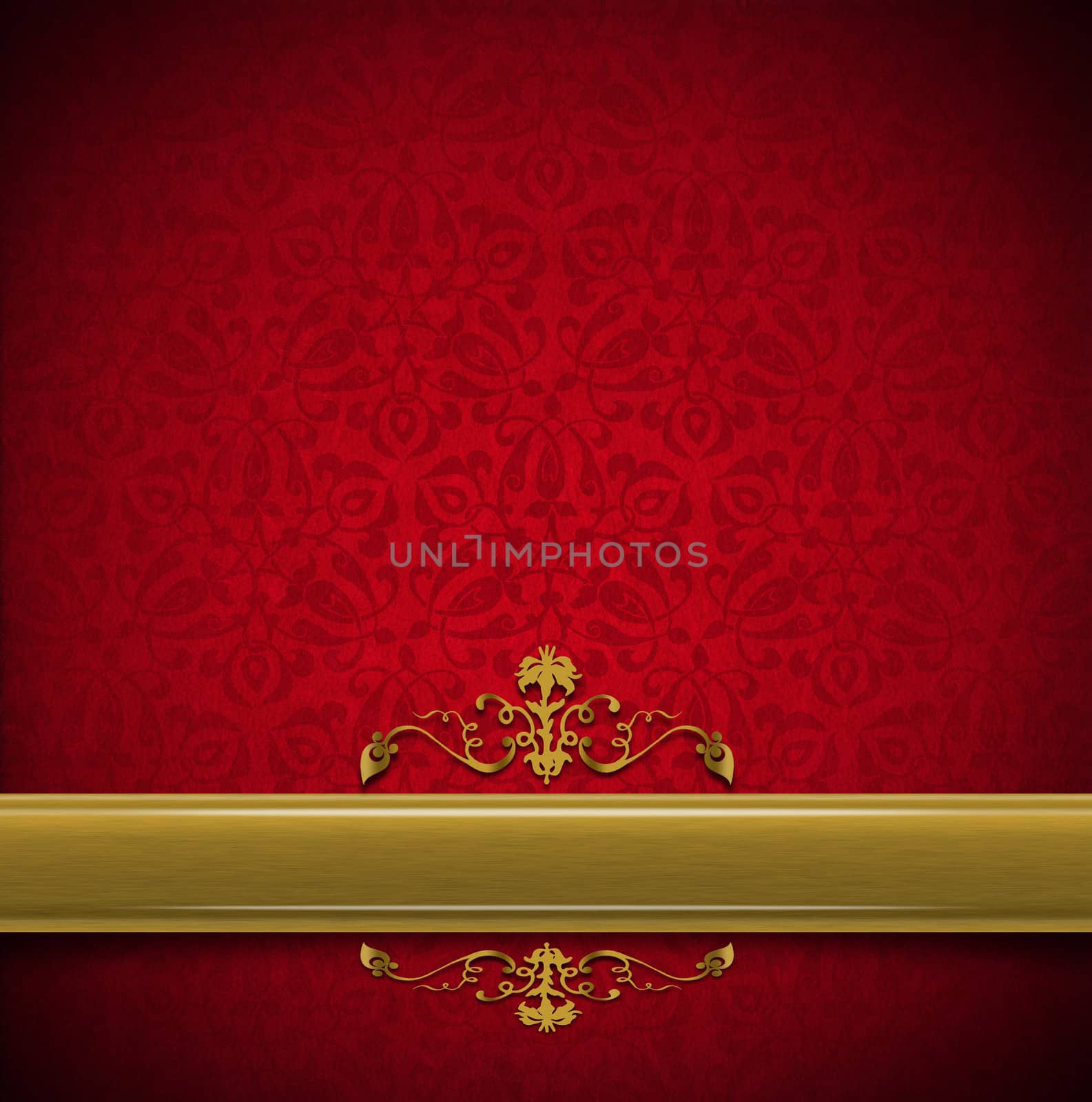 Template of aged red velvet and texture with ornate floral seamless and golden plaque