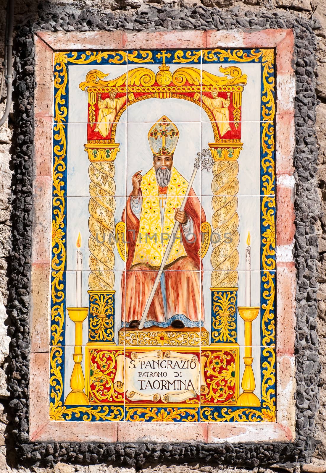 "San Pancrazio - Patron of Taormina" Art ceramic pictures on the wall of house in Taormina, Sicily, Italy