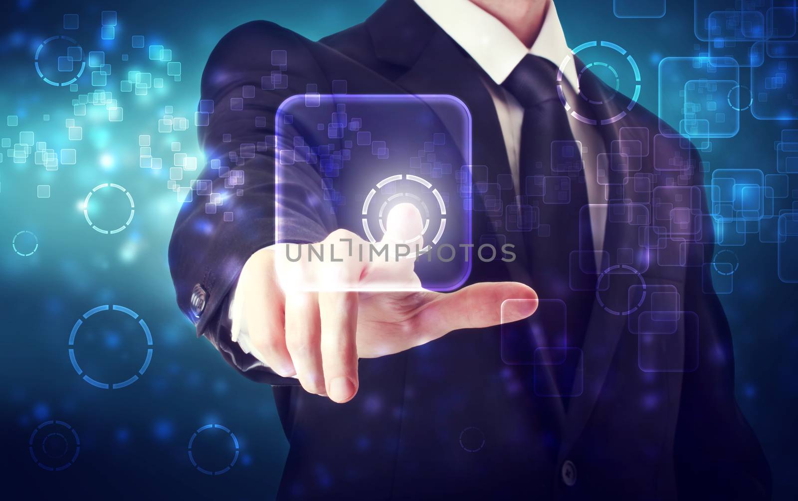 Businessman pushing a icon button on a blue background