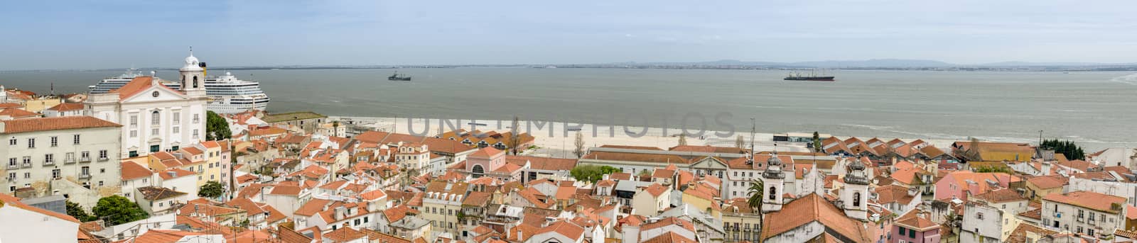Tagus river panorama, view from Alfama, Lisbon, Portugal.